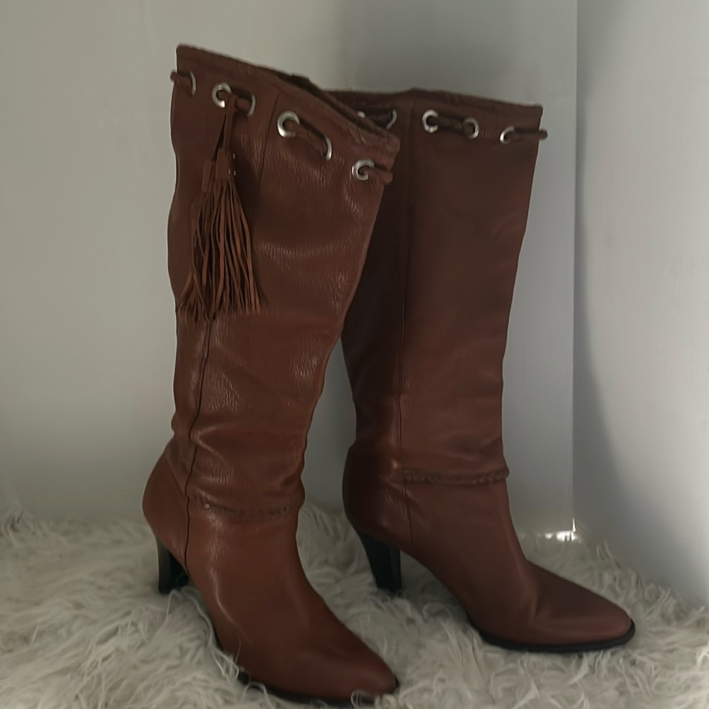 ANTONIO MELANI tall cognac brown pebble leather boot. Size 9 1/2 M.